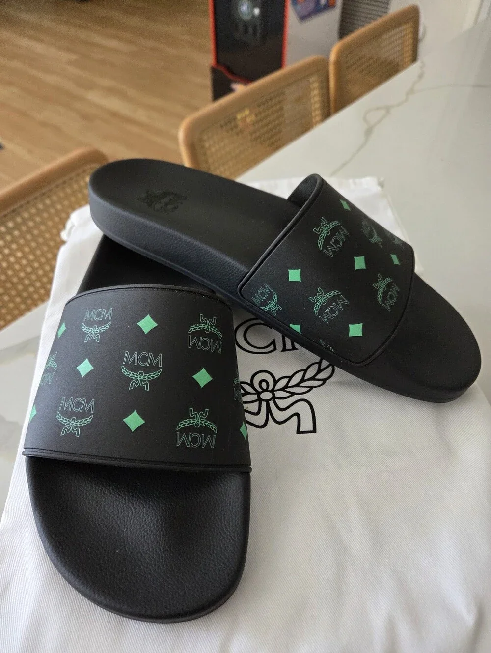 MCM Black Slide Sandals with Green Logo Print